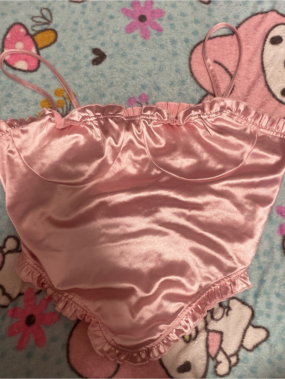 SHEIN Pink Satin Ruffle Bustier Top